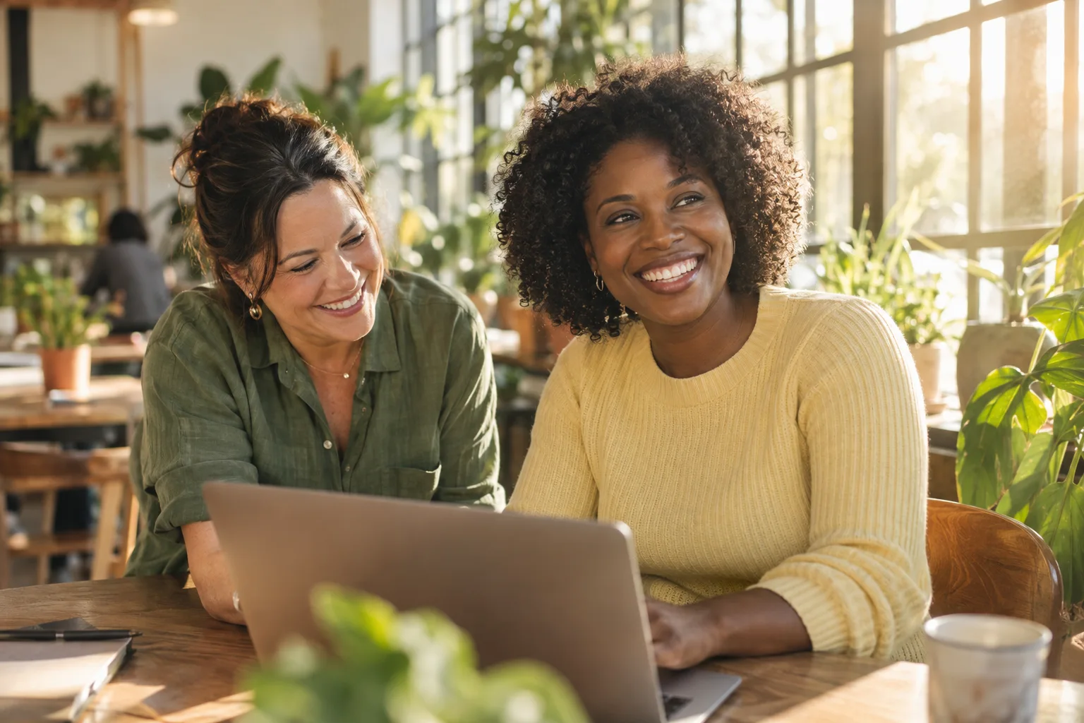 AI-generated illustrative image of two women sharing a joyful moment over a laptop